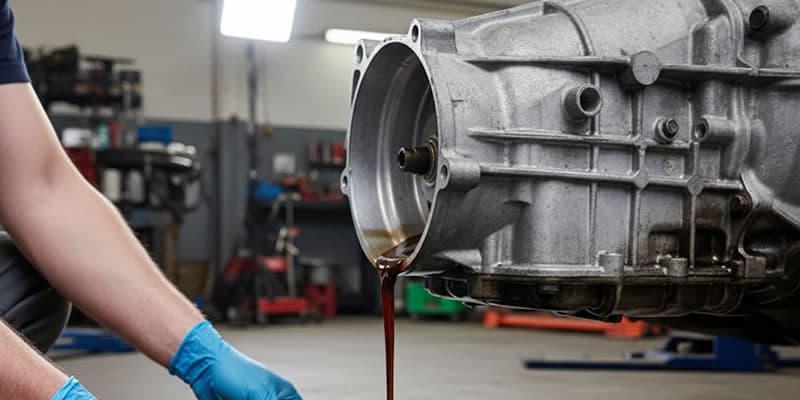 Mecánico drenando el aceite usado en transmisión de automóvil en un taller