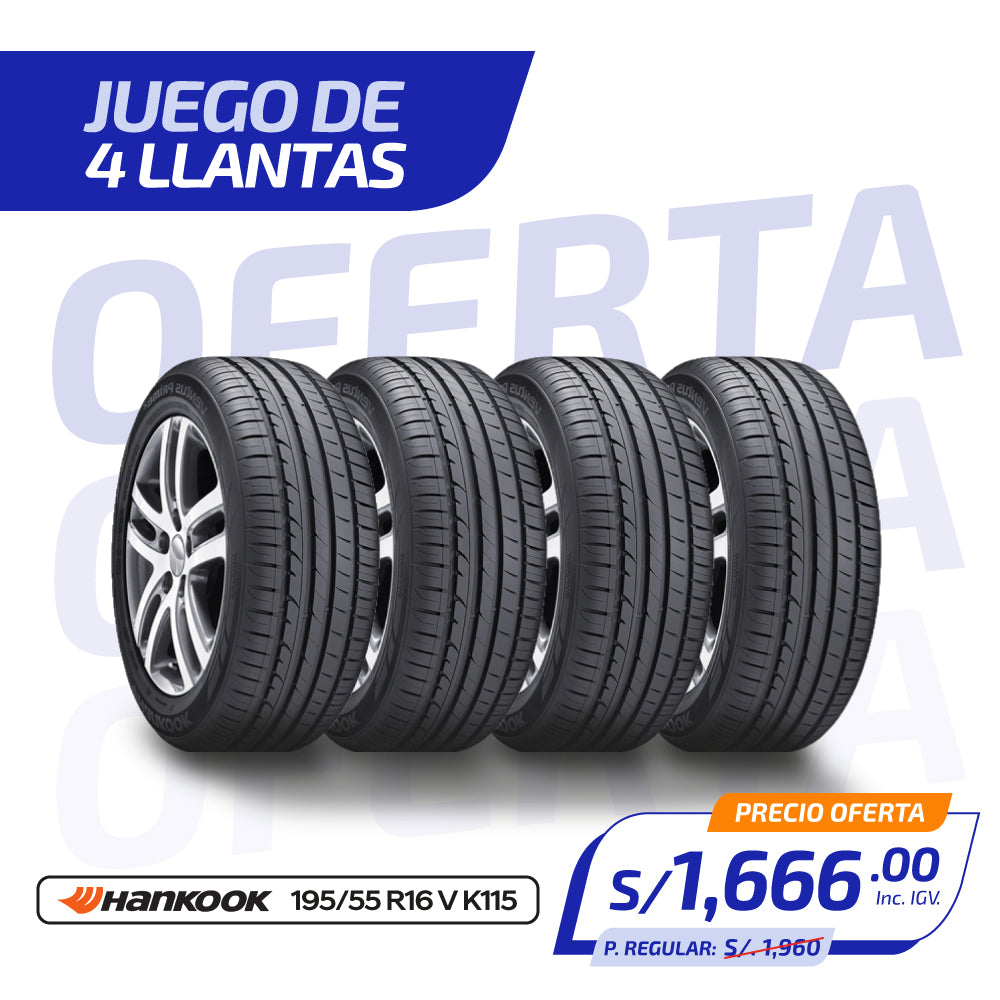 JUEGO DE 4 LLANTAS HANKOOK 195/55 R16 V K115