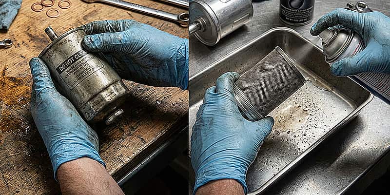 filtro de gasolina antes sucio y despues limpio